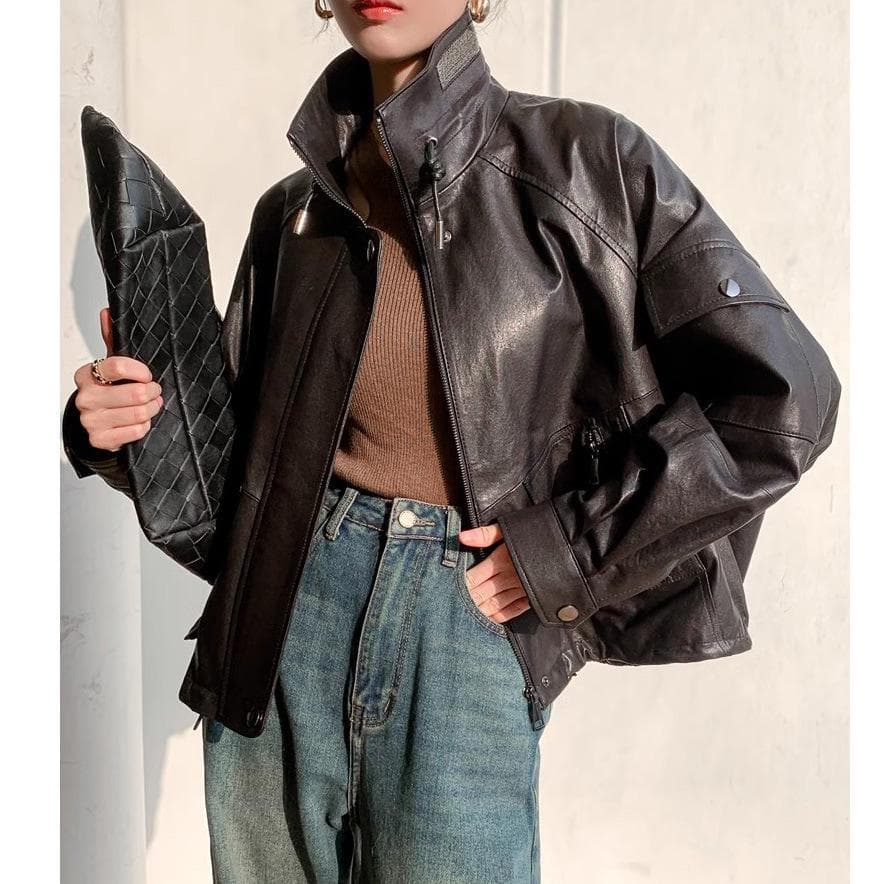 Sheepskin Jacket Women's Retro Loose Bat Sleeve Genuine Leather Jacket L black