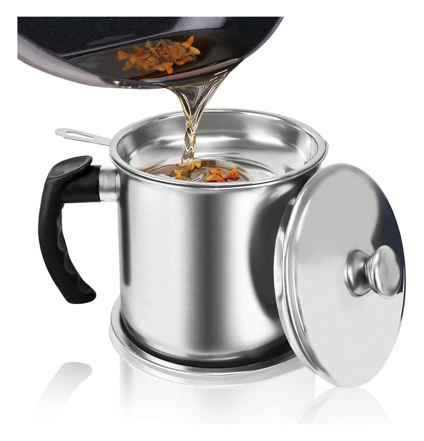 Bacon Grease Container With Strainer,Kitchen Stainless Steel Oil Container Can With Strainer And Anti-Slip Coaster Tray silver