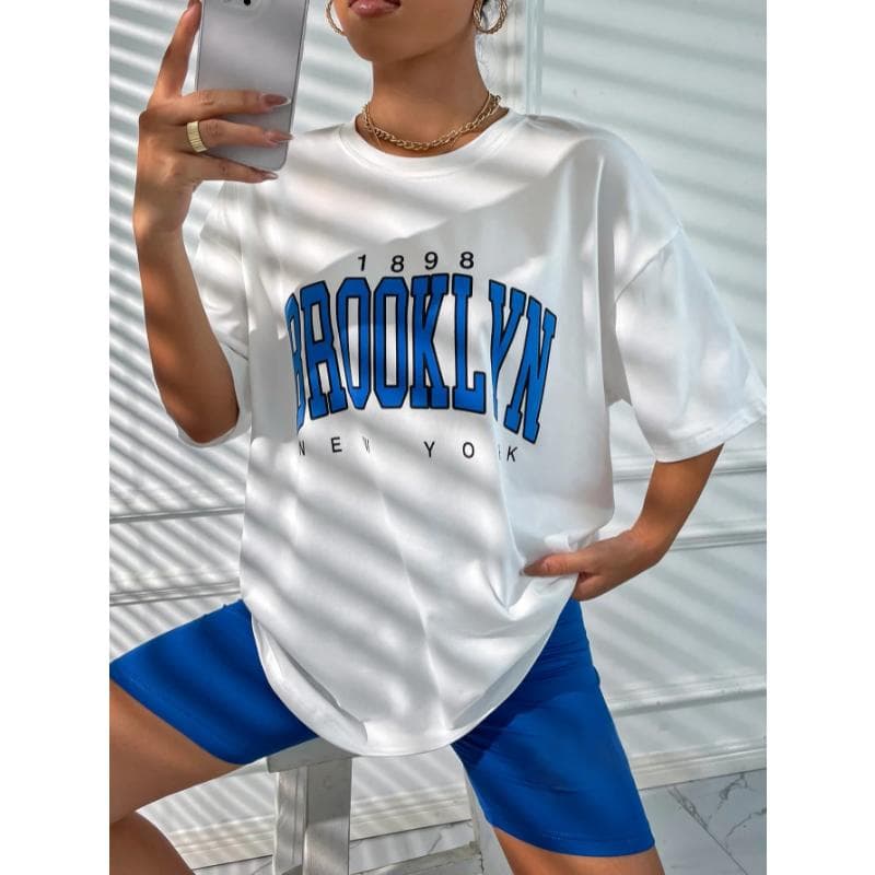 Oversized Women T-Shirt 1898 Brooklyn York Letter Drop Shoulder Print Vintage T Shirt Simple Clothes Female Tshirt Y2K Top L