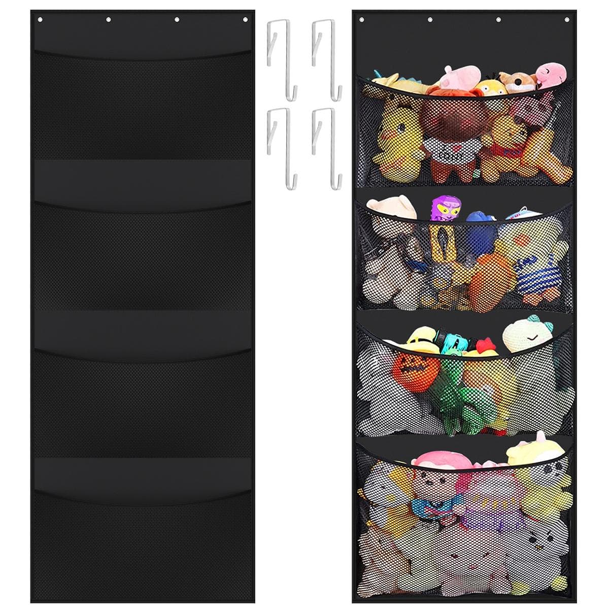 4-Layers Door Storage Bag for Stuffed Animal Storage Display Children's Toys Storage Hanging Mesh Bag Kid's Dolls Toys Organizer 165x60cm black