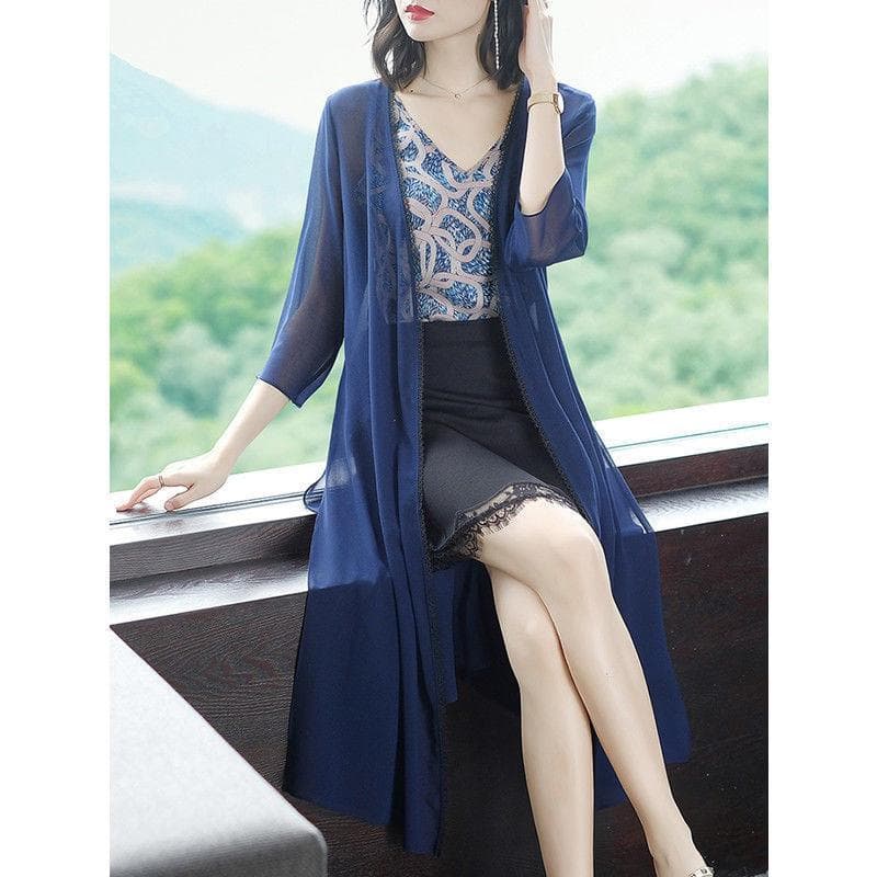 Silk Cardigan Jacket for Women, Summer Mid To Long Style, Paired with Skirt, Draped with Mulberry Silk, Air Conditioning Shirt, and Outerwear 4XL Dark blue
