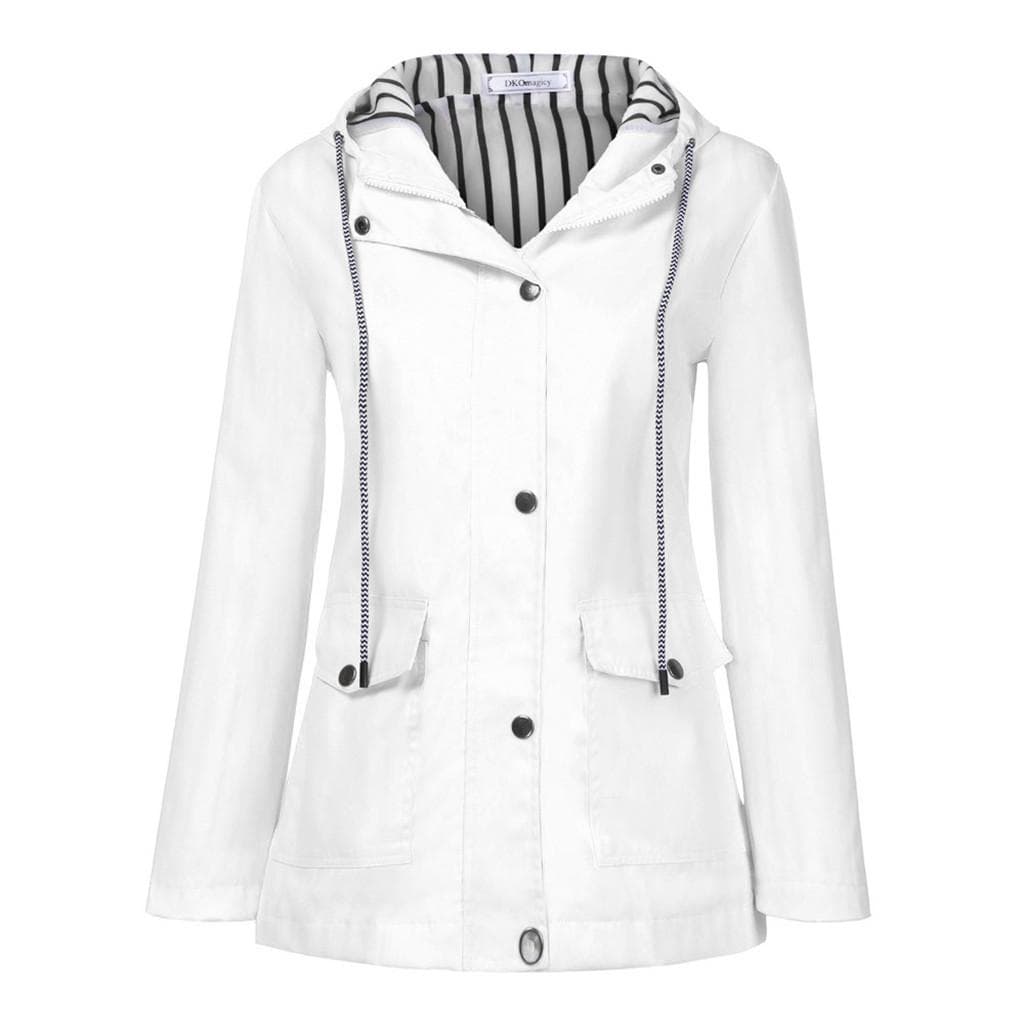Women Fashion Solid Rain Jacket Outdoor Plus Waterproof Hooded Raincoat Windproof S white