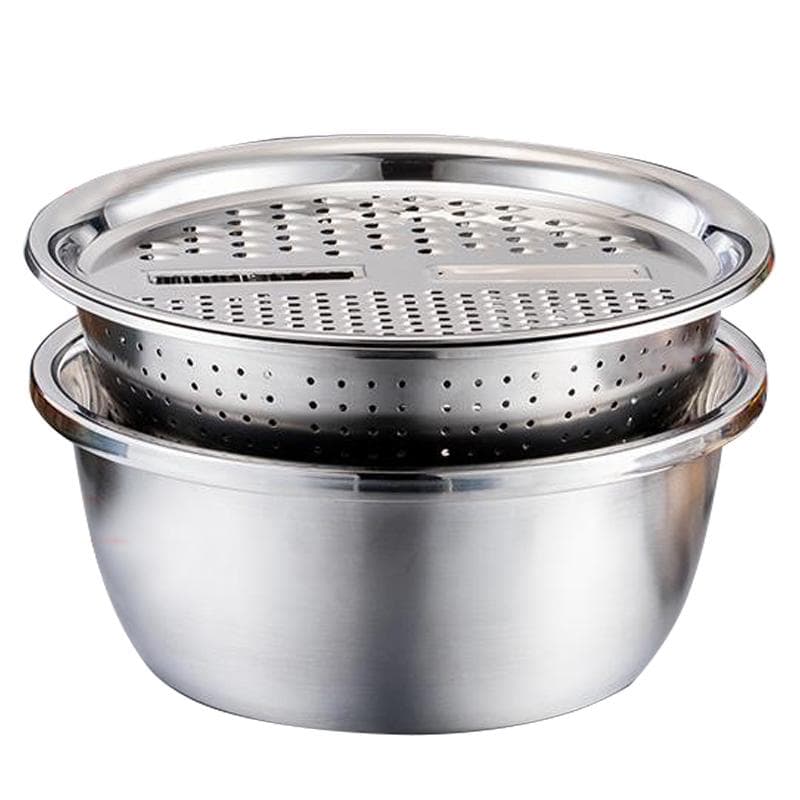 3 in 1 Kitchen Basin Grater Multipurpose Colander Slicer Cutter Shredder With Lid Stainless Steel 28cm silver