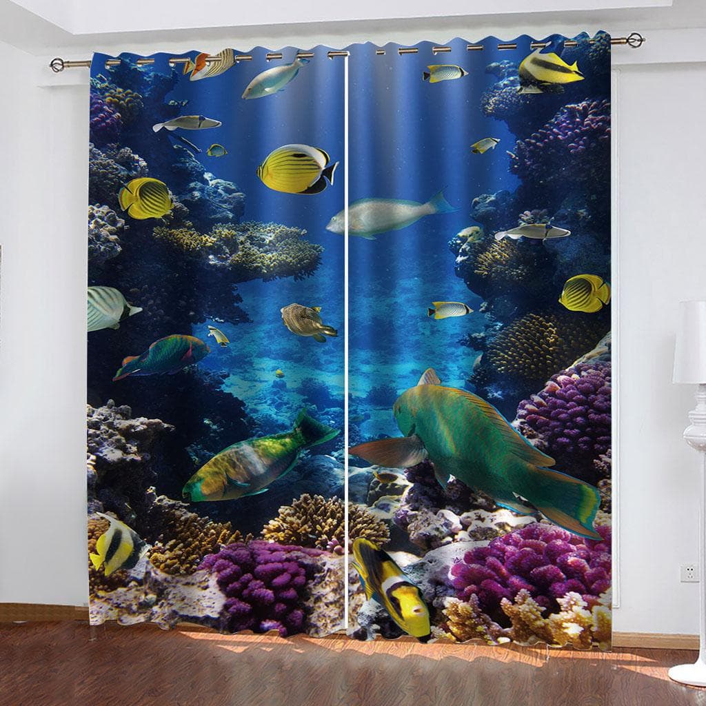 Curtains For Large Windows Of Living Room 3D Underwater Sea Animals 2 Pc High Blackout Perforated Curtains For House Rooms W140xH260cmx2&Rod Pocket
