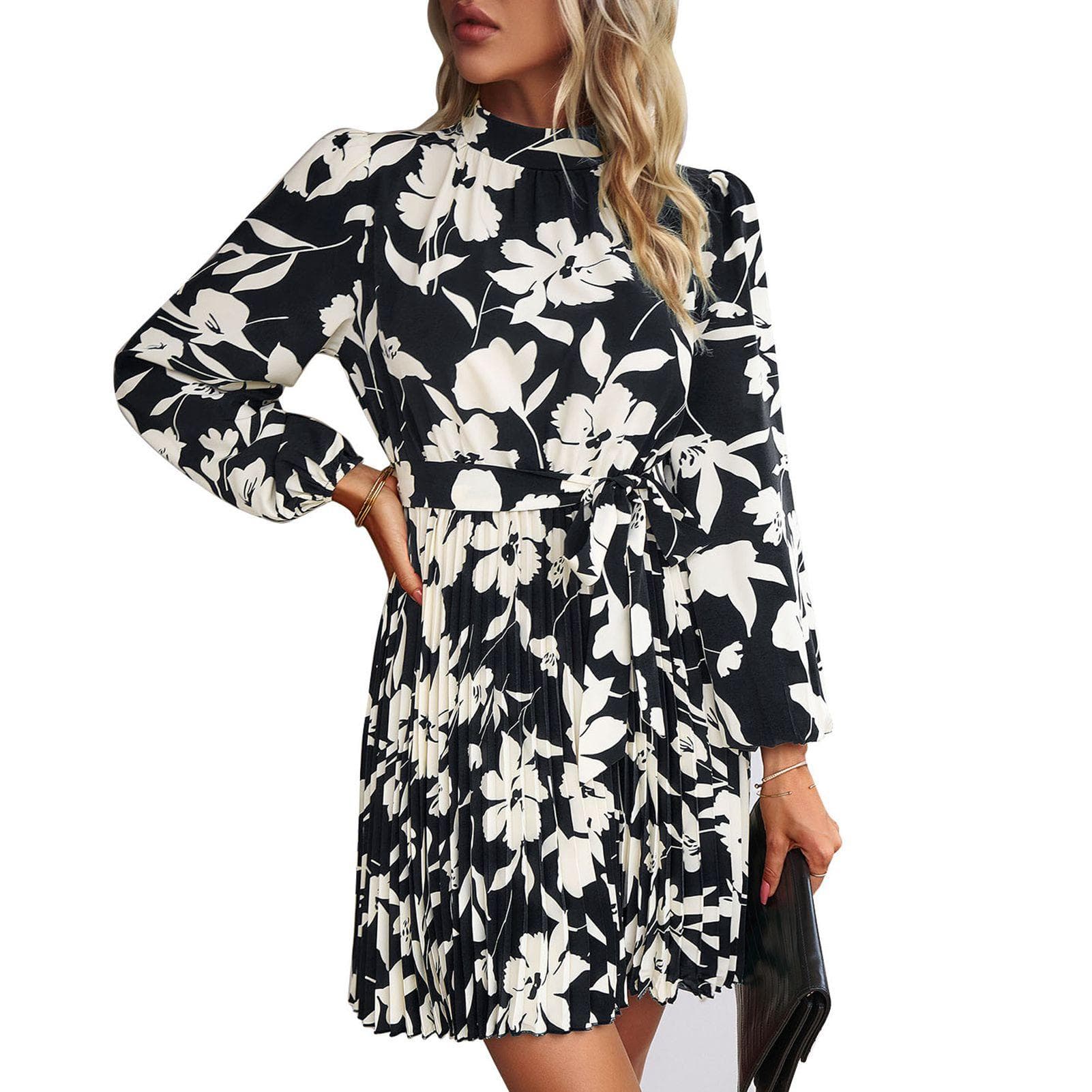 Women Printed Dress with Waistband Long Sleeves Half High Collar Dress Pleated Hem Short Dress XL