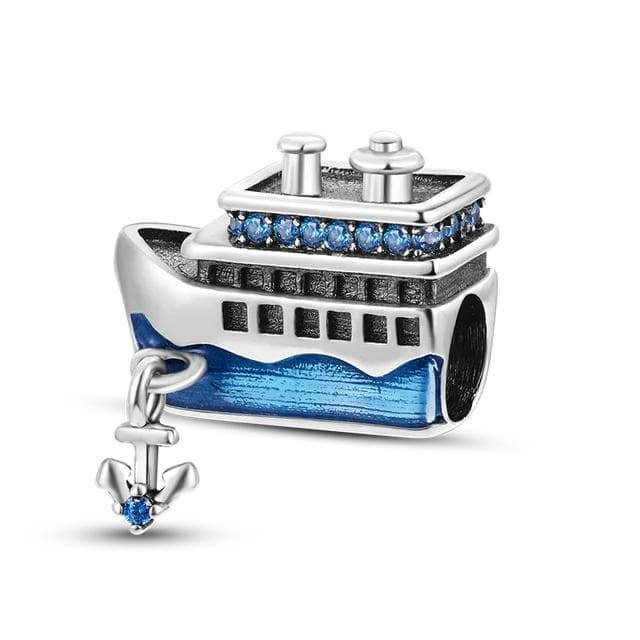925 Silver Steamboat Anchor Sparkling Blue CZ Yacht Beads FitNew Bracelet Diy Authentic Silver Color Cruise Ship Charms white