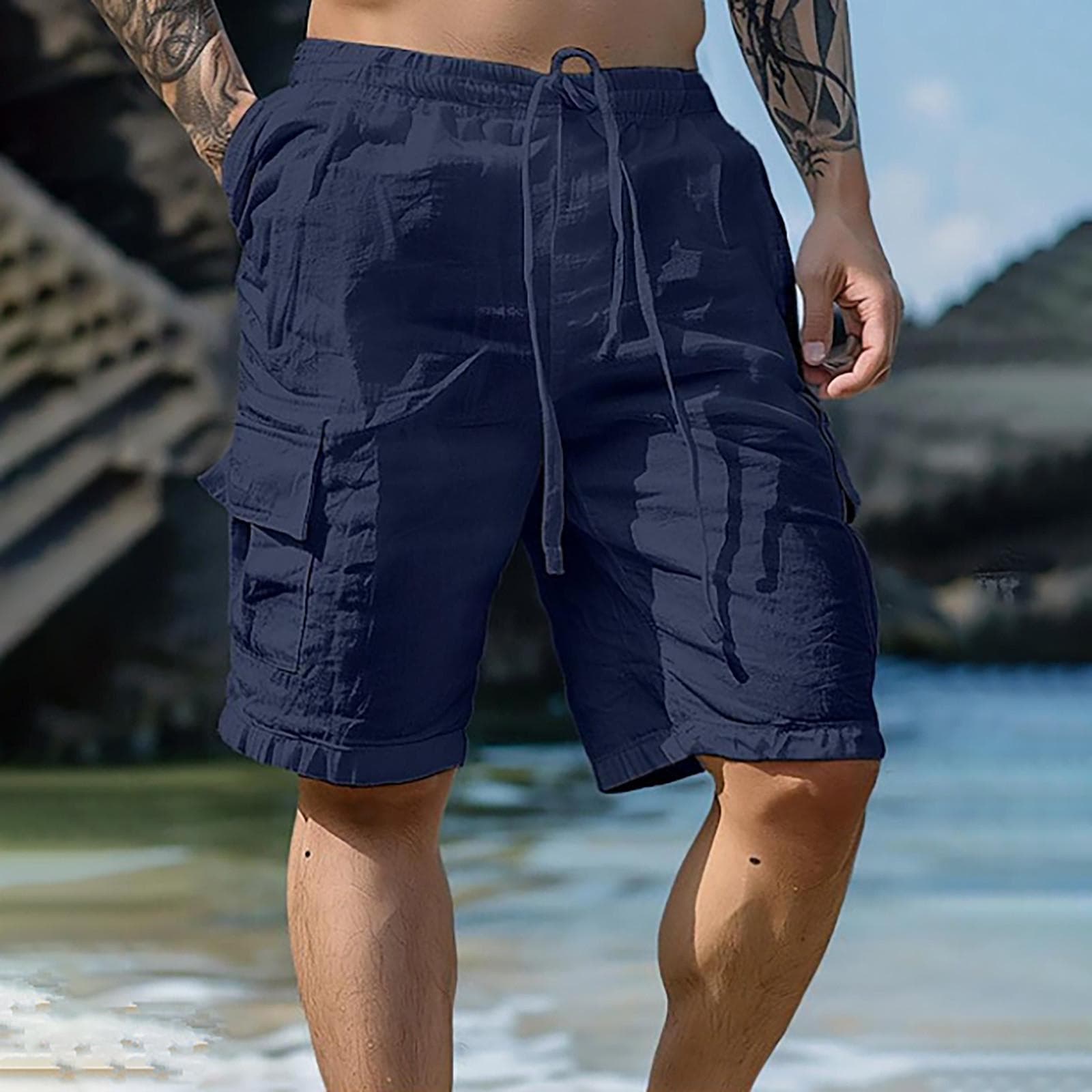 Men's Sports Cotton Linen Casual Loose Shorts Casual Pajamas Pocket Jogging Shorts Pants XXXL dark blue