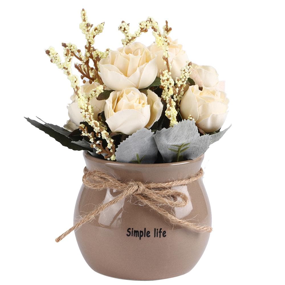 Ceramic Vase Artificial Silk Rose Flower Potted Home Desktop Decoration Ornament White