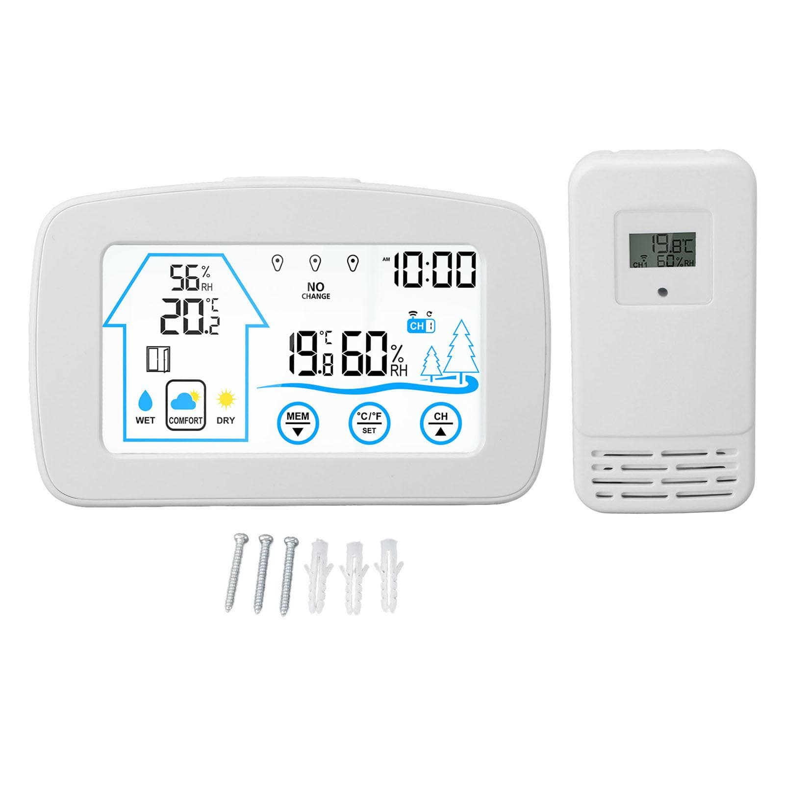 Wireless Hygrometer Thermometer Backlight Touchscreen Button Weather Forecast Wireless Temperature white