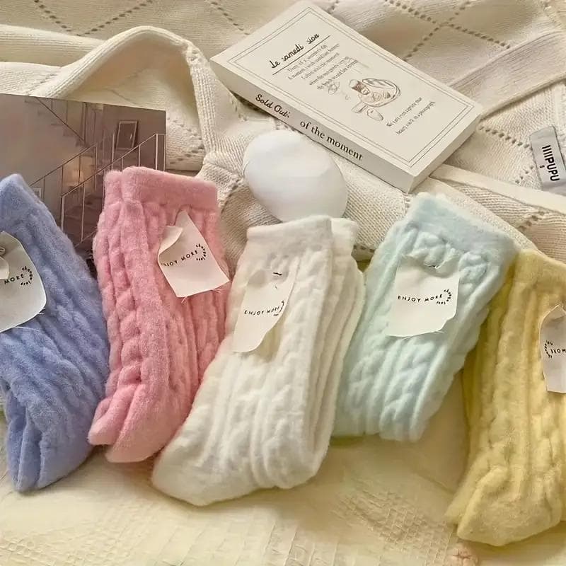 5 Pairs Women's Cozy Fuzzy Socks- Winter Warm Plush Mid-Calf Length Twisted Pattern Knit Fabric Socks 5 pairs multicolour