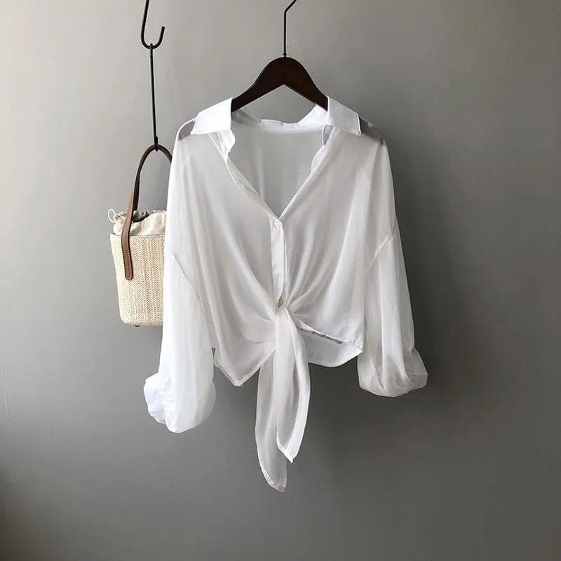 Short Chiffon Sun Protection Shirt Cage Sleeve Thin Coat Women's Outerwear Blouse Loose See-through Top White Polo Collar Shirt L white