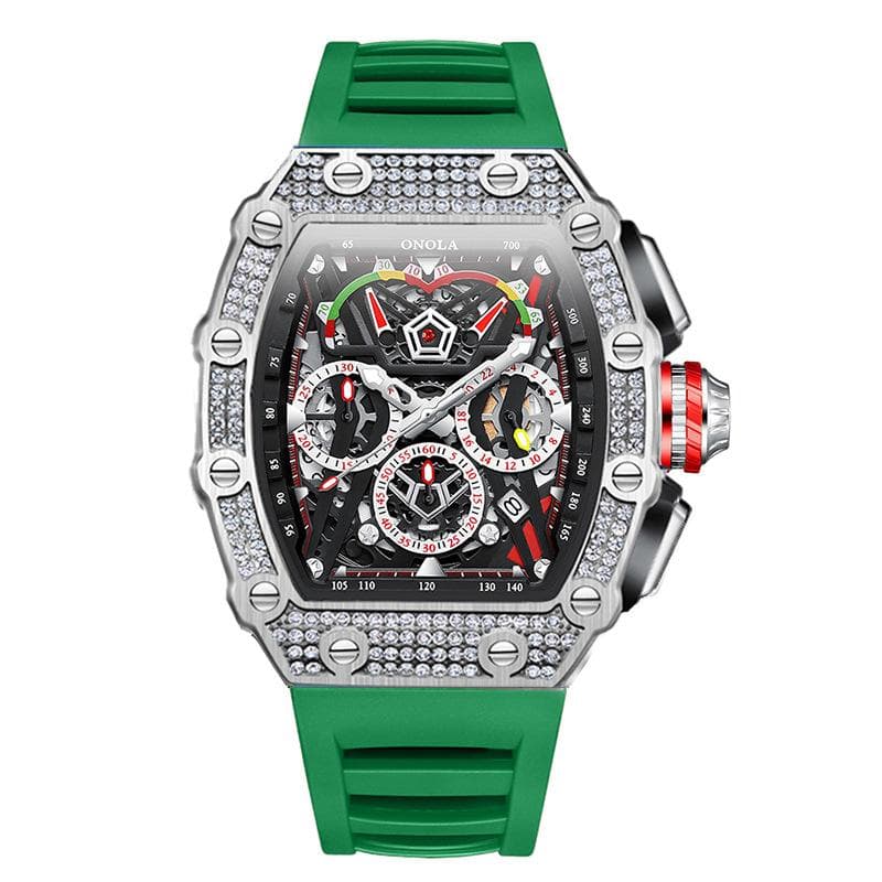 Fashion Iced Watch For Men Brand ONOLA Casual Silicone Strap Waterproof Quartz Watch Luxury Diamond Rose Wristwatch Man Gift green/silver