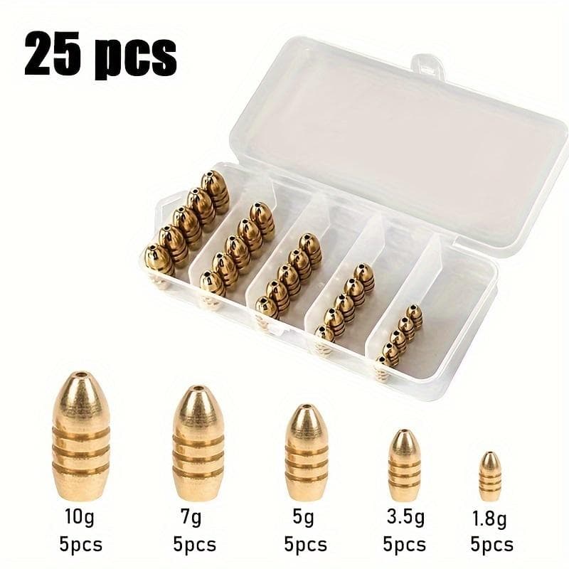 1set/25pcs Bullet Copper Set, Texas Fishing Set Accessory Combination Lua Accessories Pure Copper Counterweight, 5 Sizes Fishing Gear Supplies Pack of 25