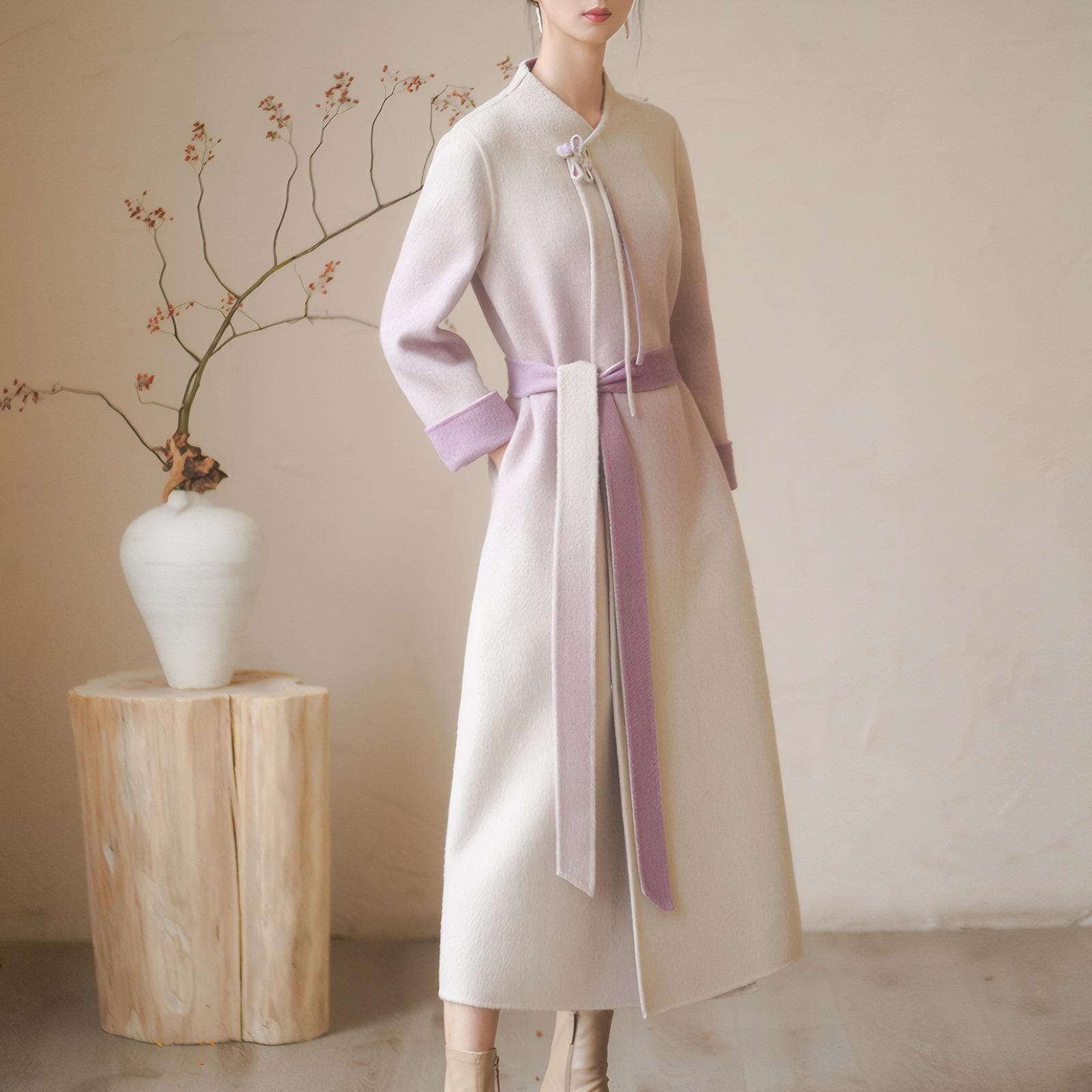 Literary and Chinese Style Improved Version Stand Collar Long Sleeve Waist-retractable Lace-up Windbreaker Jacket New Autumn Style M