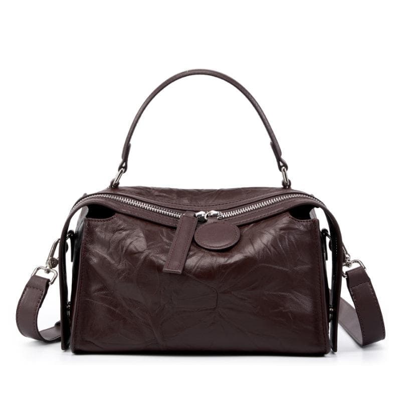 Spring/Summer Deluxe Boston Bag Light Luxury Top Layer Pleated Leather Bag for Women Grip Print Pillow Bag