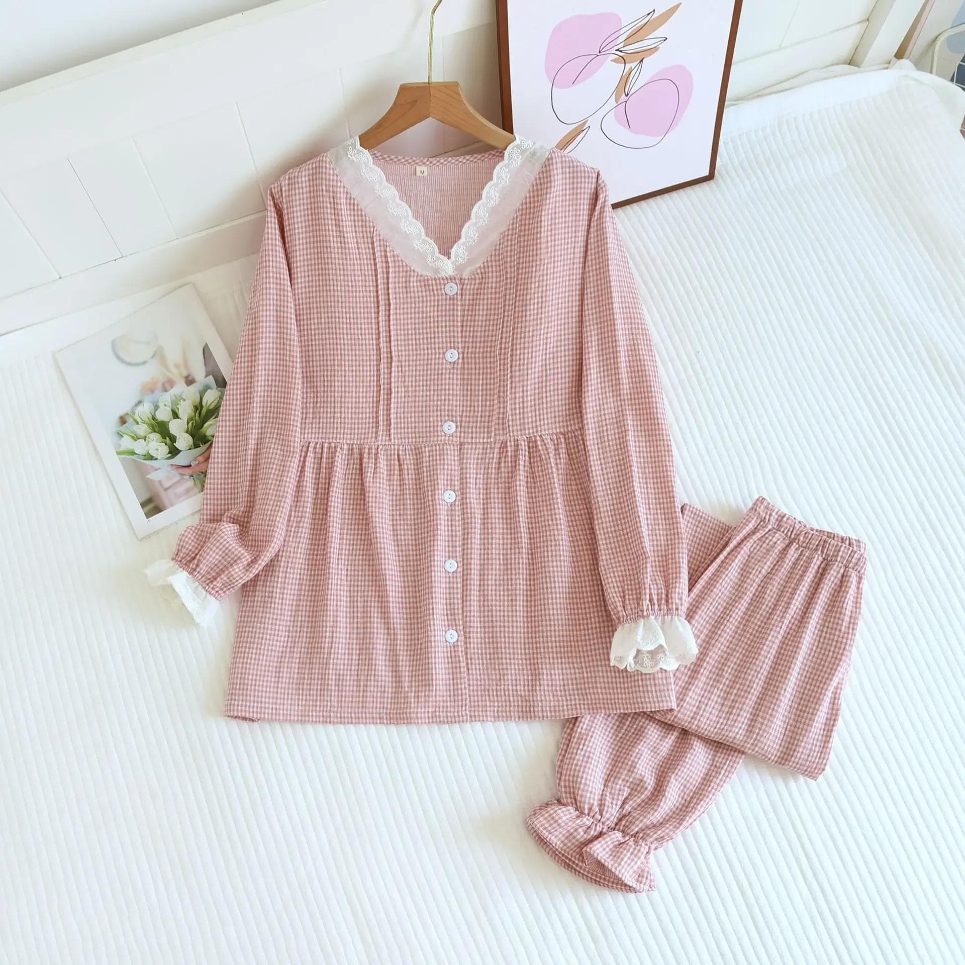 New Women's Pajamas Set 100% Cotton Edge Collar Small Plaid Long Sleeves Trousers Home Wear Two-piece Set XL