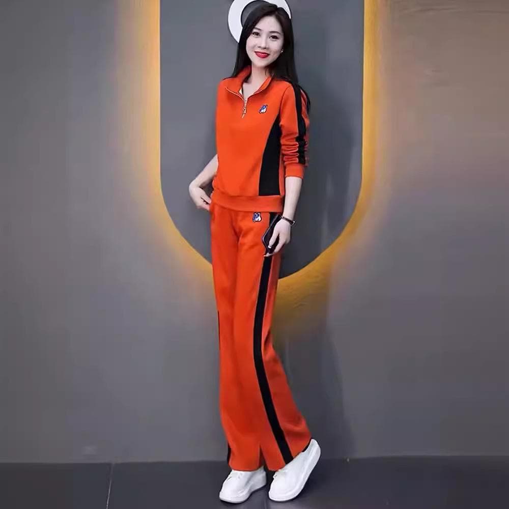 Casual Sports Suit Women's Spring and Autumn Fashion Western Style Thin Temperament Sweater Wide-leg Pants Two-piece Suit XXXL orange