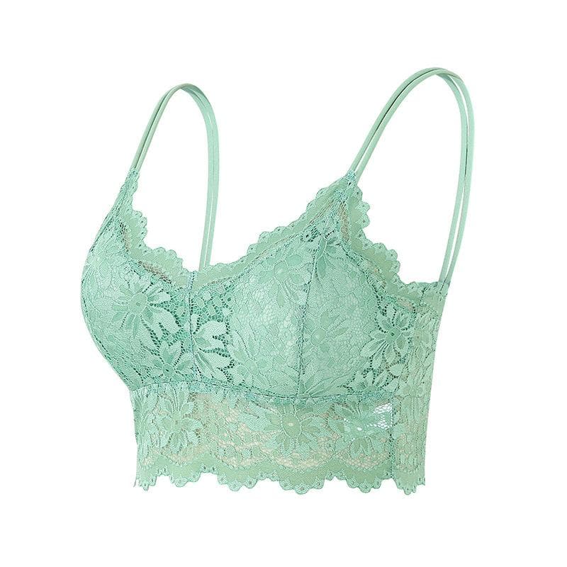 32A-95C Women Sleeveless Lace Vest Bra Cropped Top Camisole Padded Tank Tops Fitness Underwear Floral Lace Bralette 7 Colors S/M green