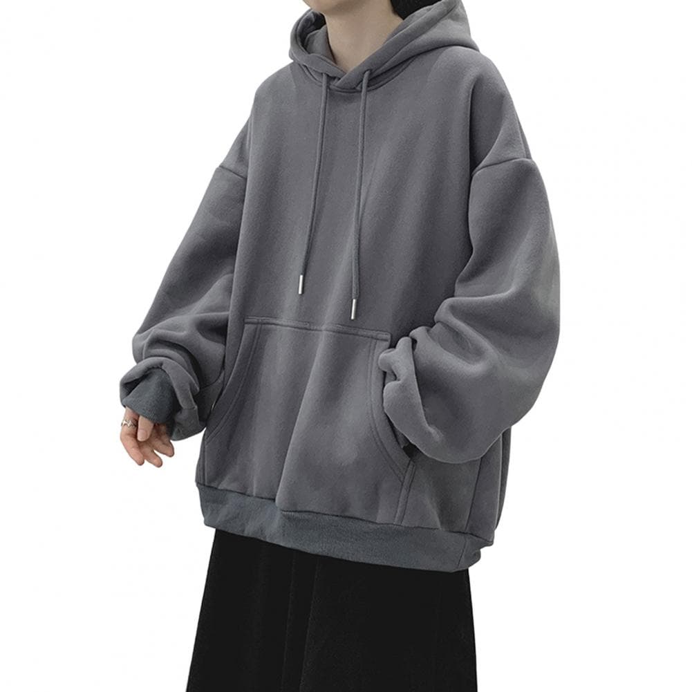 Men Fall Winter Hoodie Drawstring Pure Color Elastic Cuff Thick Plus Size Big Patch Pocket Hooded Loose Keep Warm Mid Length Spo XXL dark gray