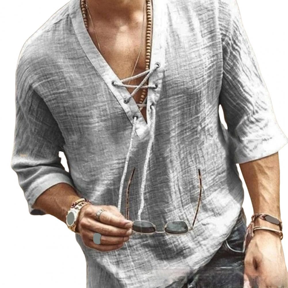 Summer Men Shirt Lace-up V Neck Mid Sleeves Loose Pure Color Pullover Retro Daily Wear Quick Dry Thin Casual Mid Length Top XL grey