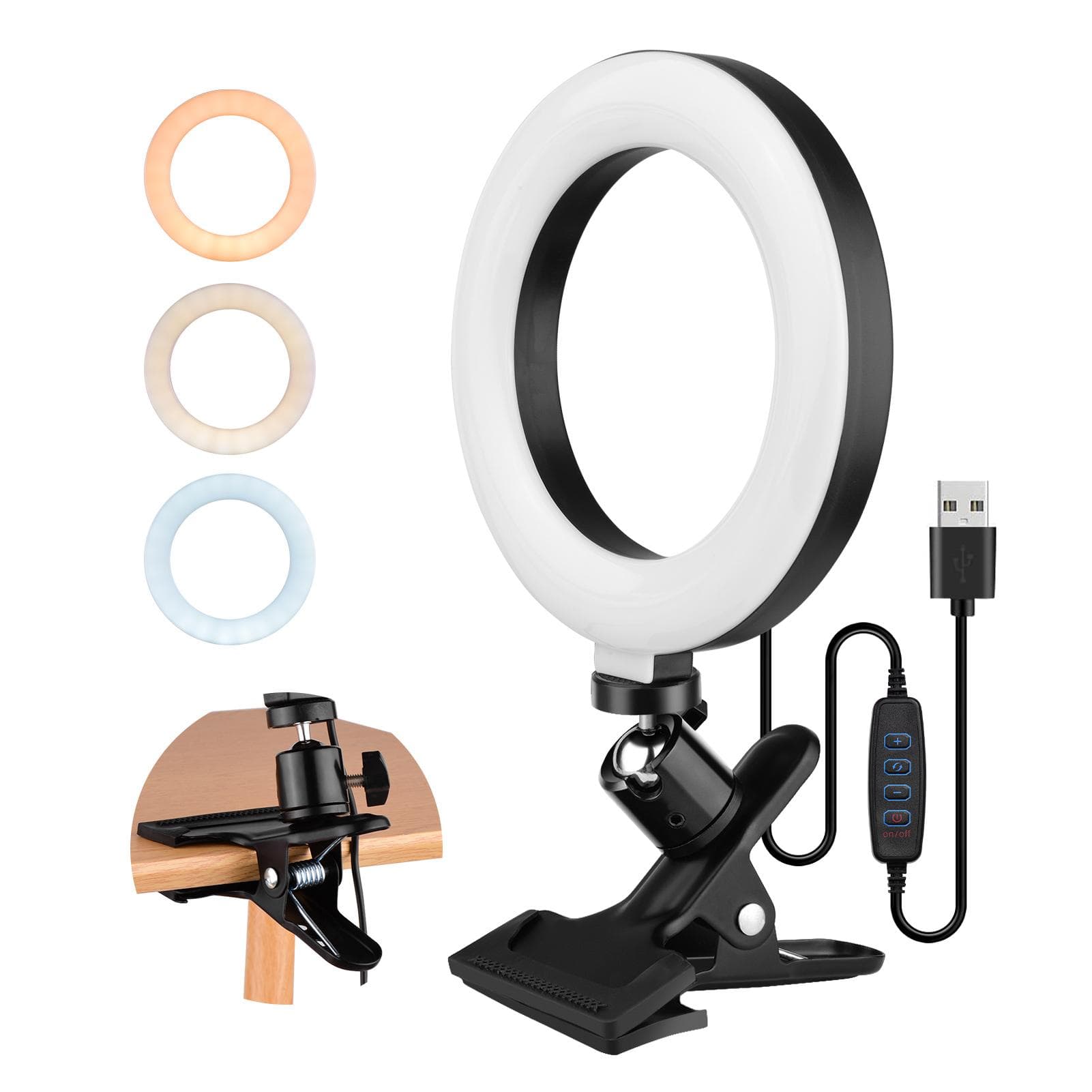 6.3 Inch 2700K-5500K Selfie Ring Video Light with Clamp Mount 3 Dimmable Colors 11 Brightness Without tabletop tripod black