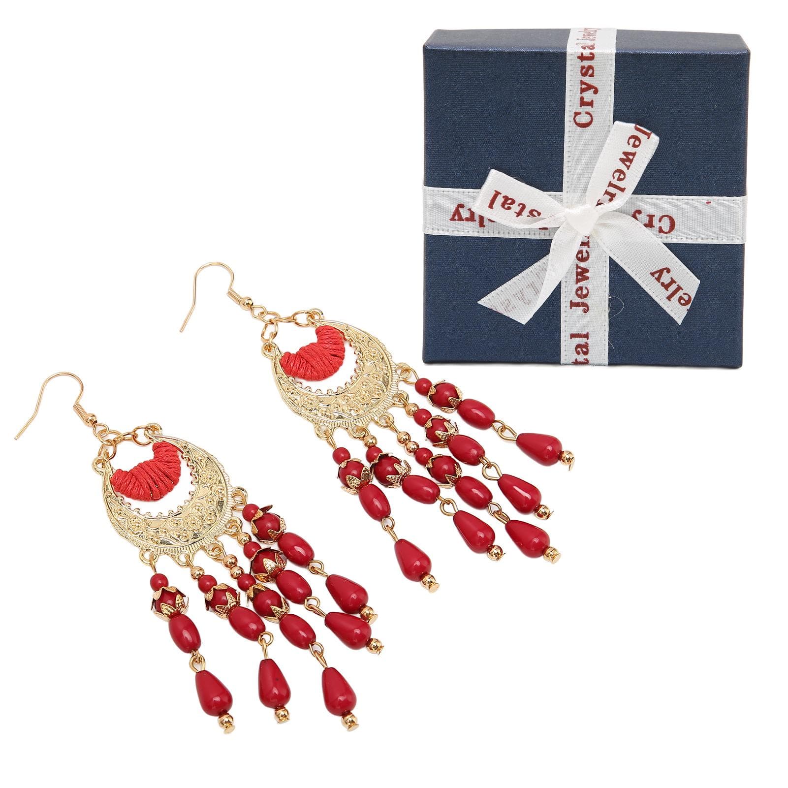 2Pcs Tassel Earrings Vintage Light Weight Red Drop Dangle Earrings with Storage Box for Holiday