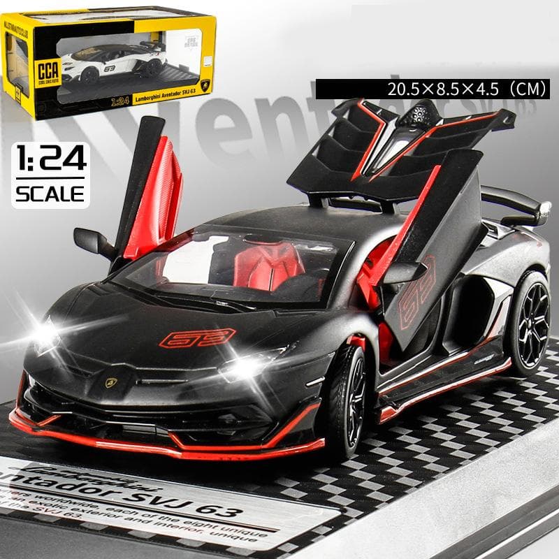 1/24 Scale Lambo Aventador SVJ63 Diecast Car Model Toy, Pull Back Toy Vehicle with Sound and Light for Kids Toddler Boys Girls Gift Collection 1/24-20.5x8.5x4.5cm black