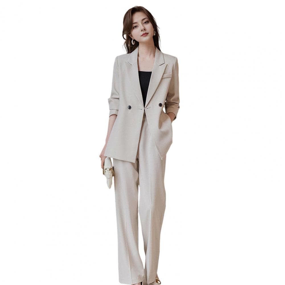 Business Two-piece Suit Elegant Women's Formal Suit Set with Turn-down Collar Jacket Pure Color Trousers Stylish for Commuting S apricot