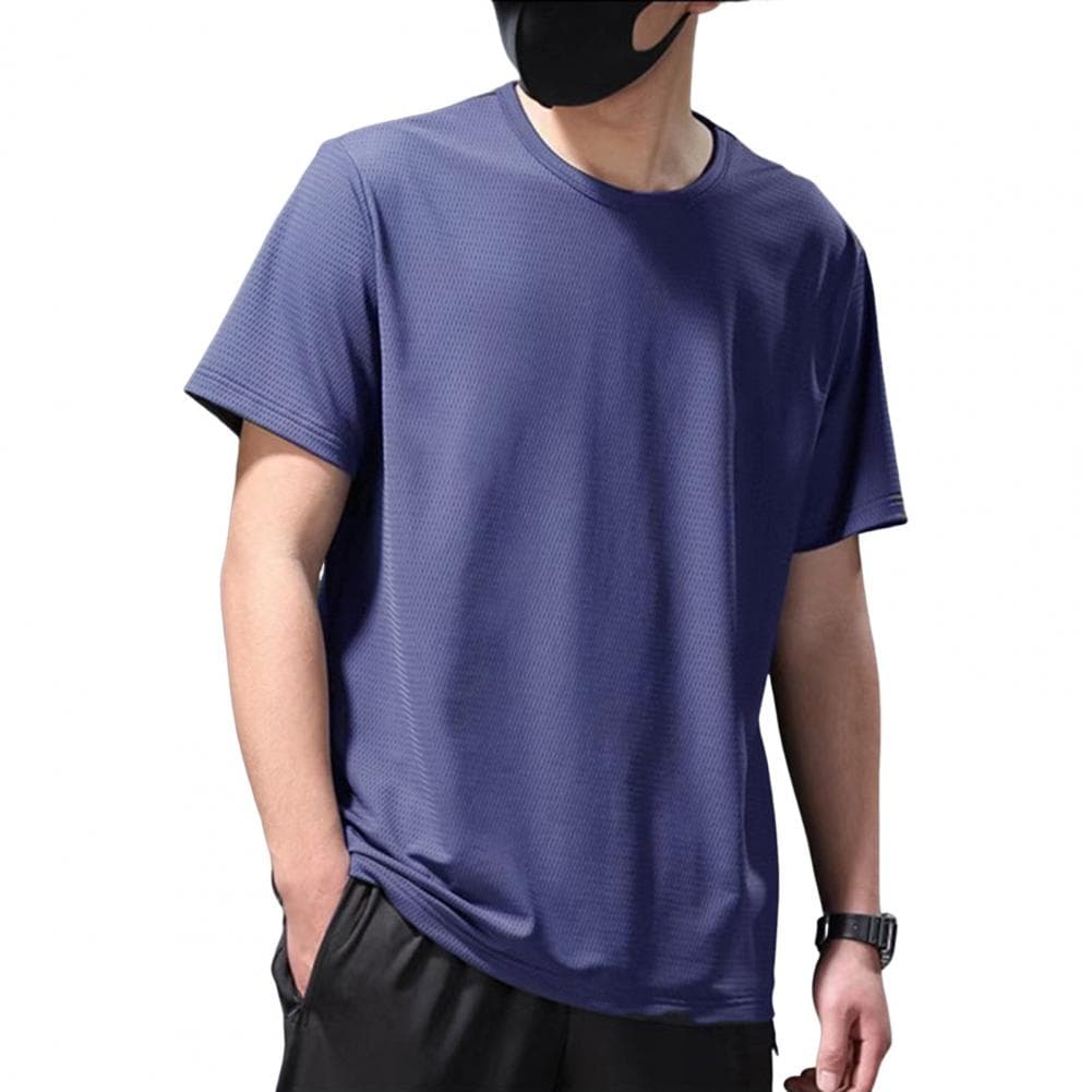 Men Summer T-shirt Solid Color Ice Silk Thin Mesh Quick Dry Mid Length O Neck Short Sleeves Soft Breathable Pullover Sports Casu M navy blue