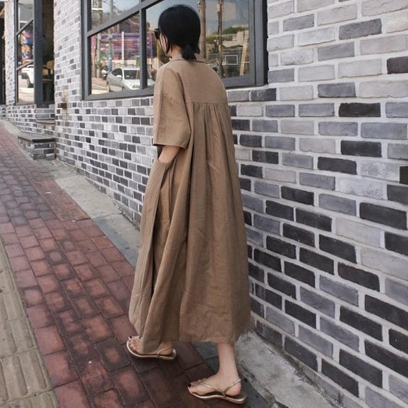 Johnature Women Cotton Linen V-Neck Solid Color Robes Dress Summer Simple Short Sleeve Pockets Dresses S brown