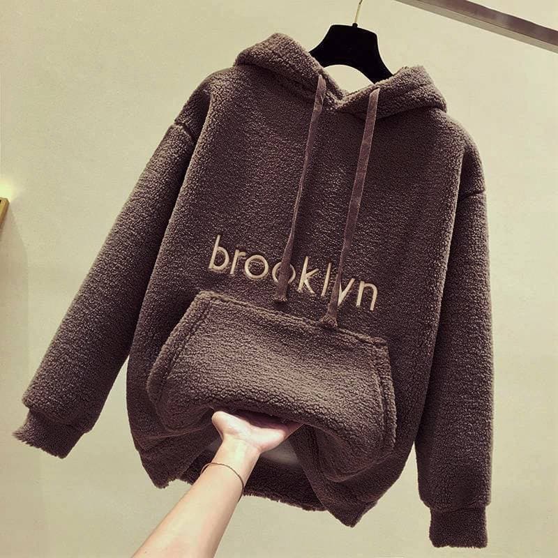 Thick Sweatshirt Women's Fashion Loose Fleece Top Pocket Casual Pullover 3XL coffee