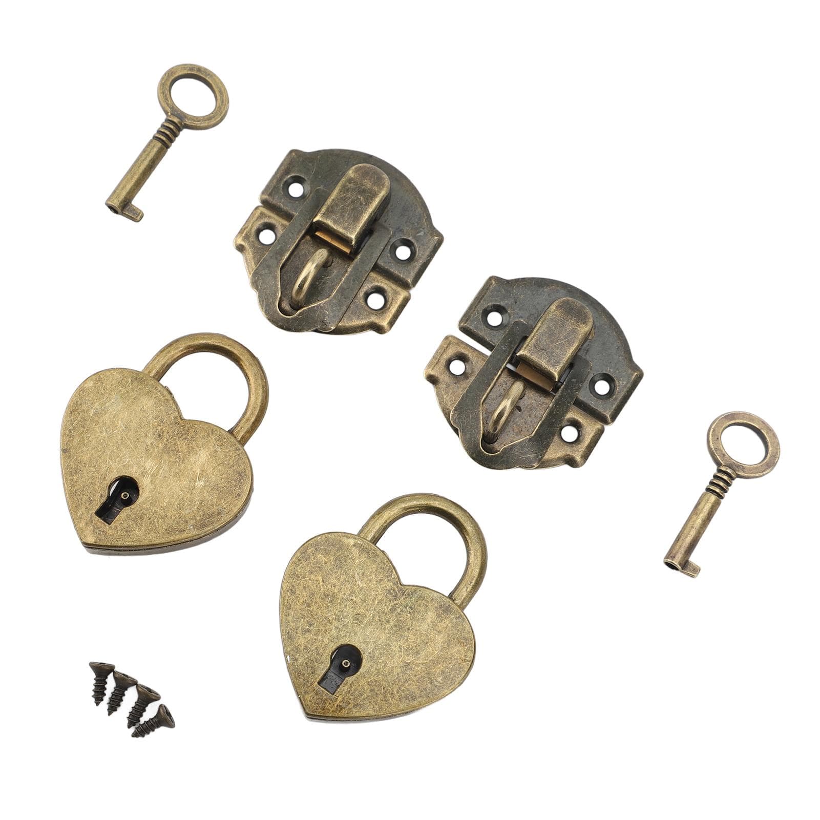 2 Sets Wooden Box Hasp Latch Padlock Set Antique Zinc Alloy Hasp Clasp Latch and Heart Shaped bronze