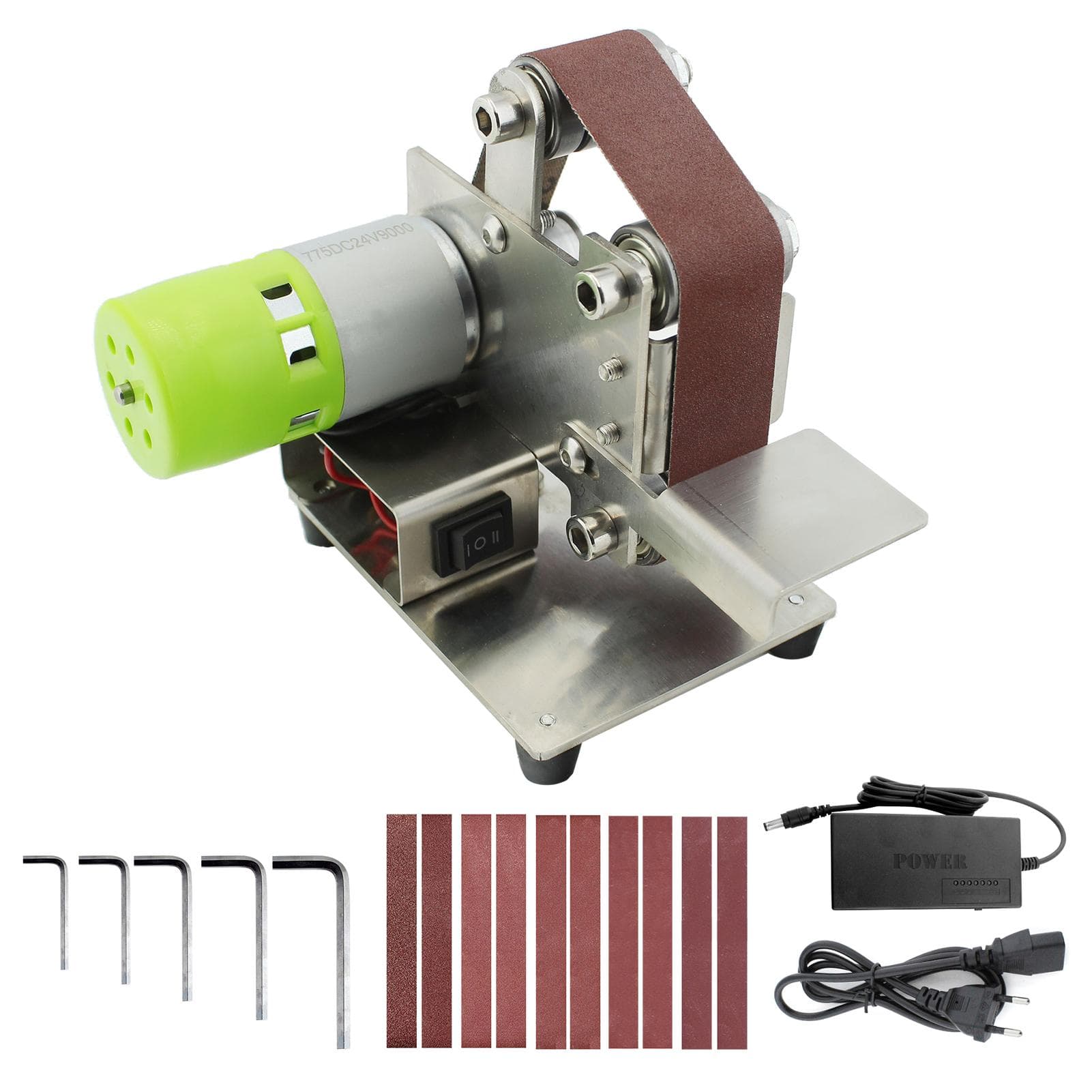 Mini Belt Sander Electric Sanding Polishing Grinding Machine 7 Variable Speed with 10 Sanding Belts EU plug & 30mm belt silver