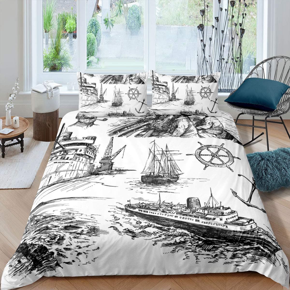 Nautical Sailboat King Queen Duvet Cover Coastal Sailing Boat Bedding Set Sea Adventure Comforter Cover Polyester Quilt Cover 135x200cm 2pcs