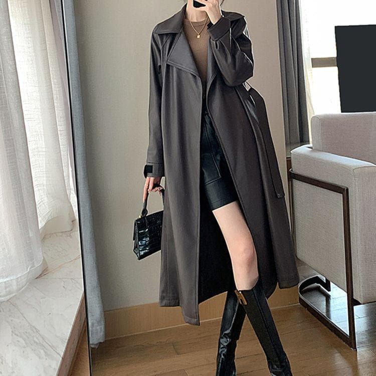 Long Pu Leather Over The Knee Leather Jacket Women's Spring and Autumn Clothing Medium and Long Women's Trench Coat XL