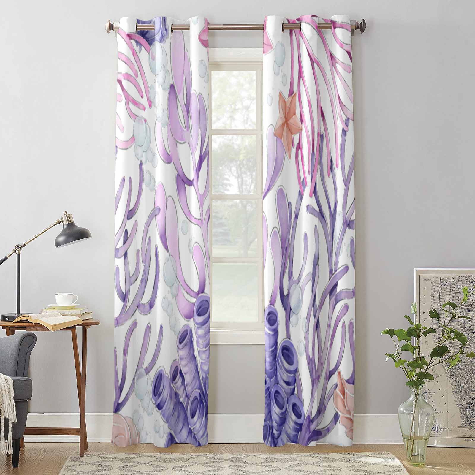 Ocean Coral Starfish Watercolor Window Curtains for Living Room Bedroom Curtain Modern Kitchen Blinds Drapes Curtains 135W x 60H(cm) x1