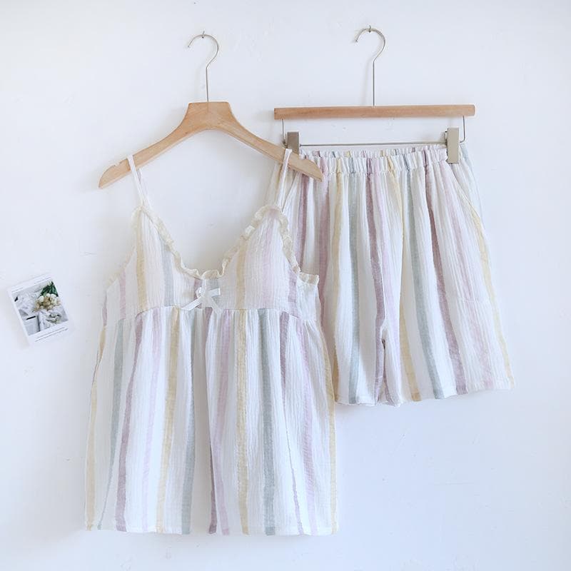 Summer New Women's Two-piece Set 100% Cotton Crepe Pajamas with Breast Pads, Sweet and Cute for Home M