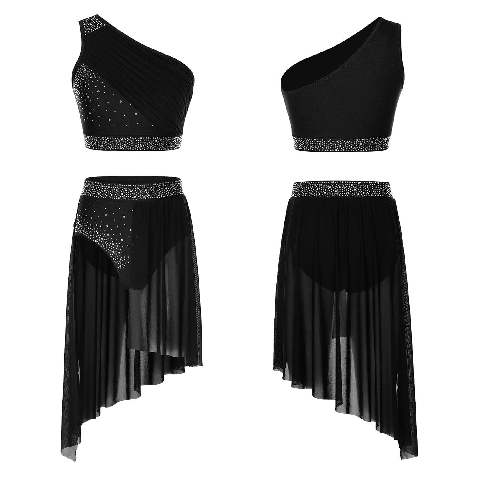 Women Lyrical Dance Costume Chiffon Splice Artistic Gymnastics Activewear Outfits Modern Jazz Dancewear Crop Top with Skirt XXL black