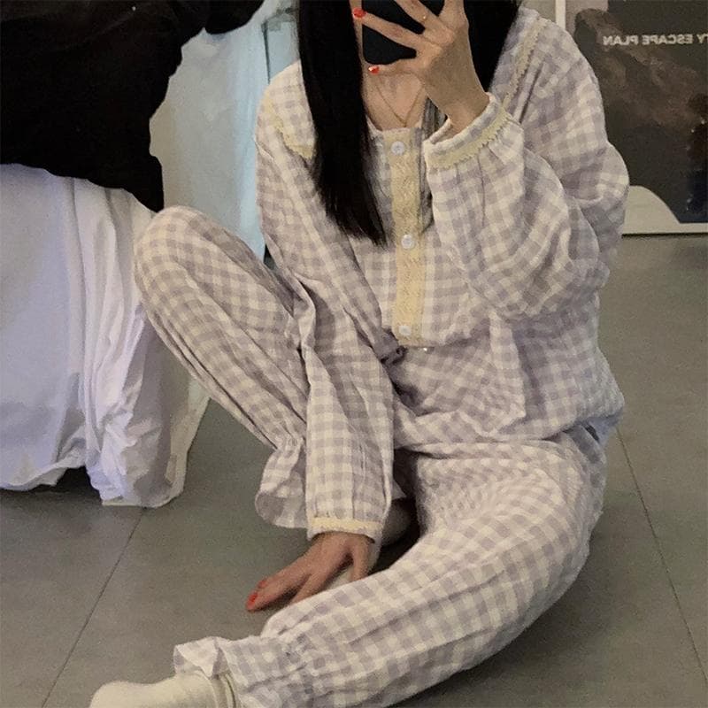 Long Sleeve Pajamas Sets for Women O-neck Grid Printed Sleepwear Pyjamas Nightwear Set Young Girl Pijama Set Femme Homewear XL purple