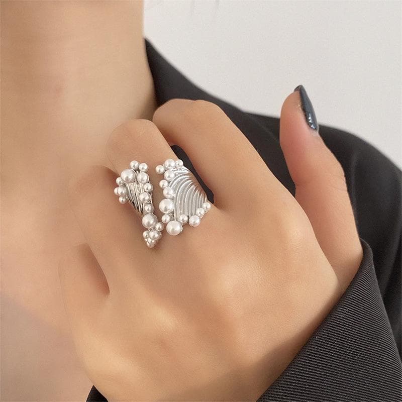 1pc Design Wide Imitation Pearl Ring Female European and American Exaggerated Opening Ring for Women Trendy Jewelry Gift silver