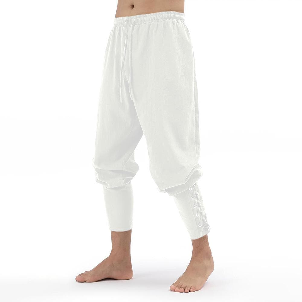 Men's Vintage Pants Medieval Viking Pirate Customets Lace-up Cotton Linen Trousers Halloween Cosplay Outfits M white