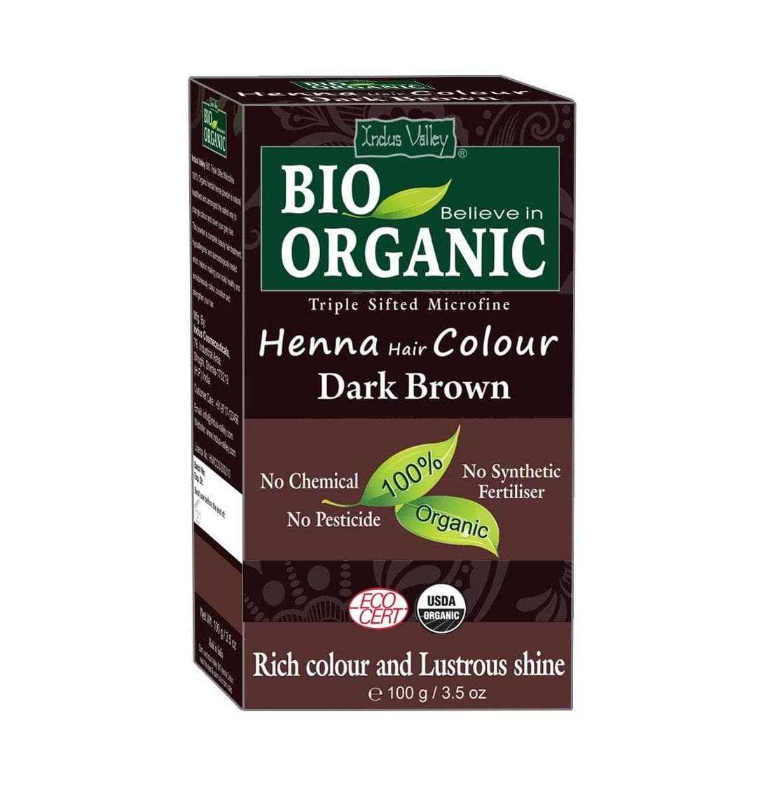 Henna for hair: dark brown (100 g), Organic Hair Color Dark Brown, Indus Valley 13.828125