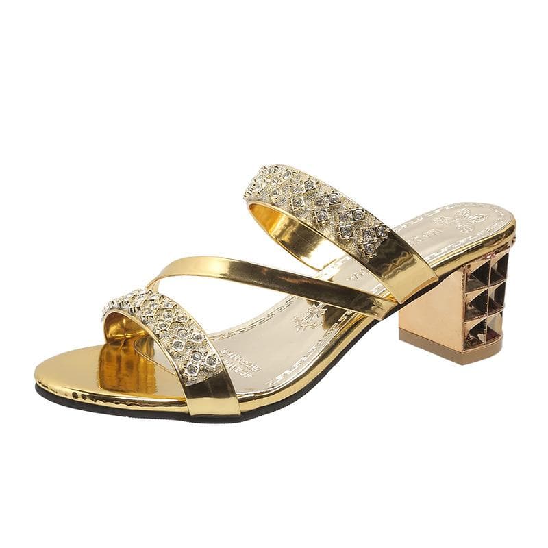 2024 Summer New Women's Sandals and Slippers with Sexy Party Shoes Women Slip-On Open Toe Rhinestones High Heels Sandalias Mujer 41 gold