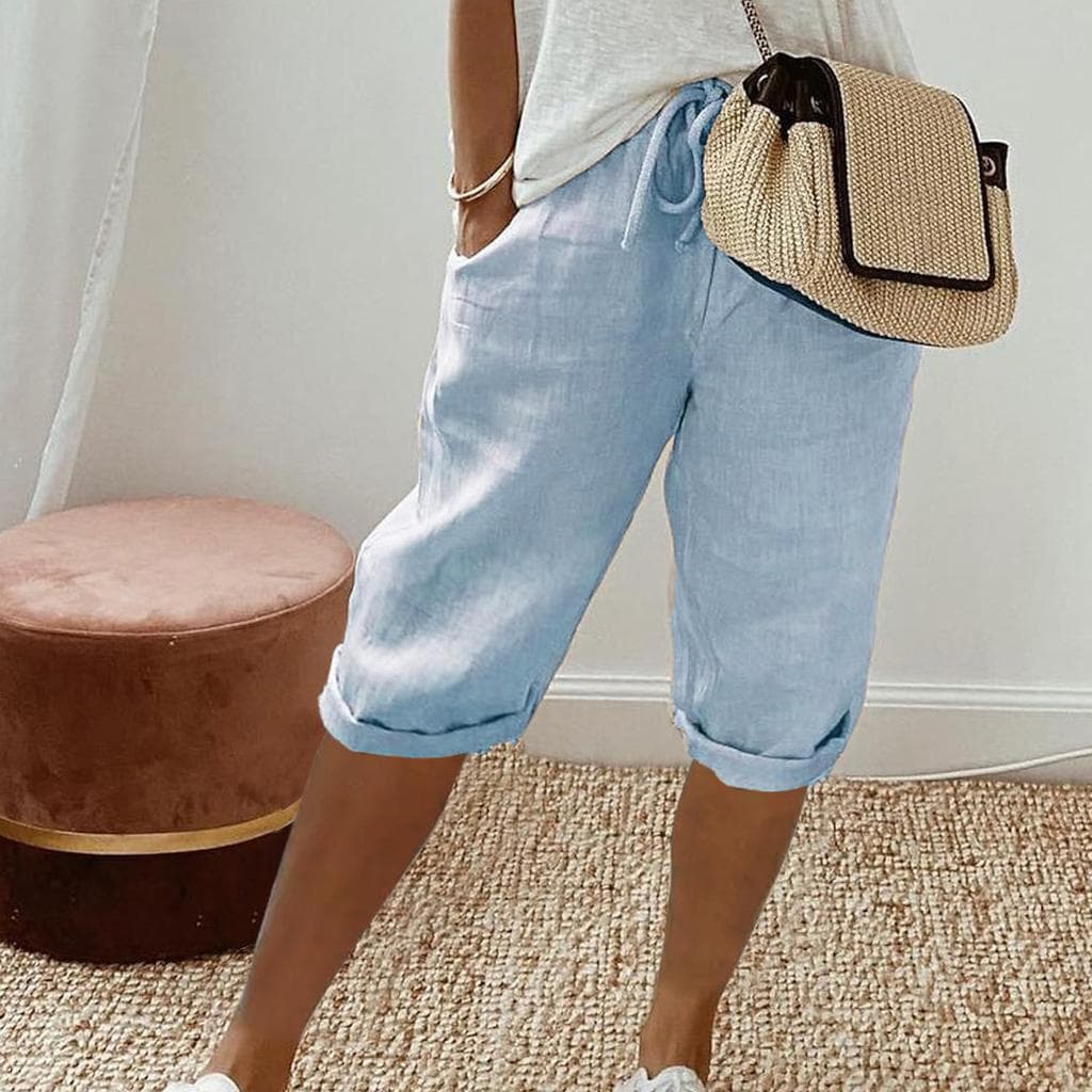Women Shorts Vintage Style Knee-length Pants with Pockets for Women Breathable Elastic Waist Trousers Solid Colors Five Pants S sky blue