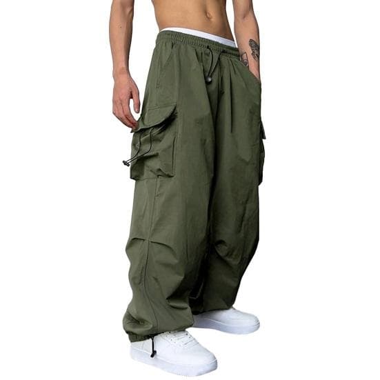 Men Cargo Pants Multi Pocket Oversized Solid Color Elastic High Waist Deep Crotch Ankle-banded Soft Breathable Hip Hop Streetwear Men Long Trousers XL army green