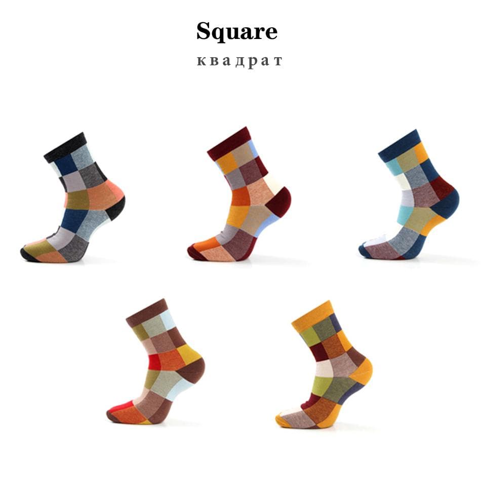 5 Pair-pack Men Socks Cotton Casual Colorful Square Happy Socks Business Dress Socks For Men Size 38-45 EUR38-45