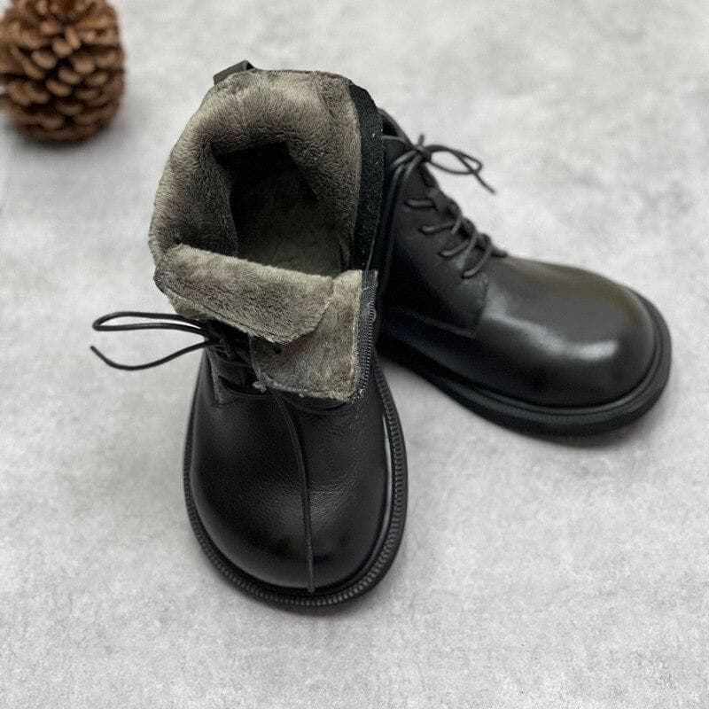 Johnature Genuine Leather Winter Boots Women Shoes Zip Round Toe Flat With Handmade Leisure Sewing Ankle Ladies Boots 40-Plush black