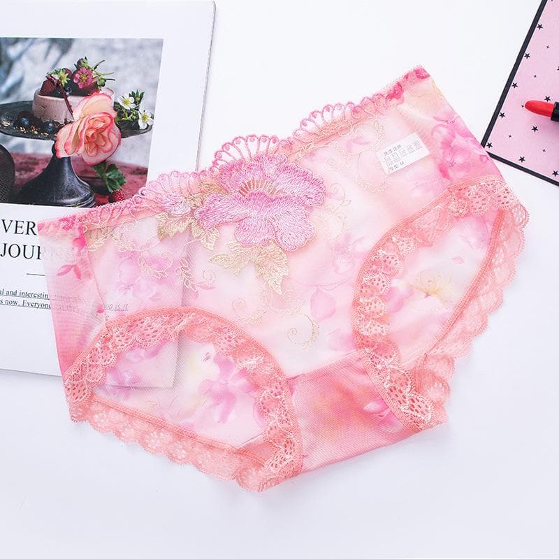 Lace Underwear Sexy Medium Waist Breathable Mesh Embroidery Hollow Large Size Transparent Ladies Underwear L pink