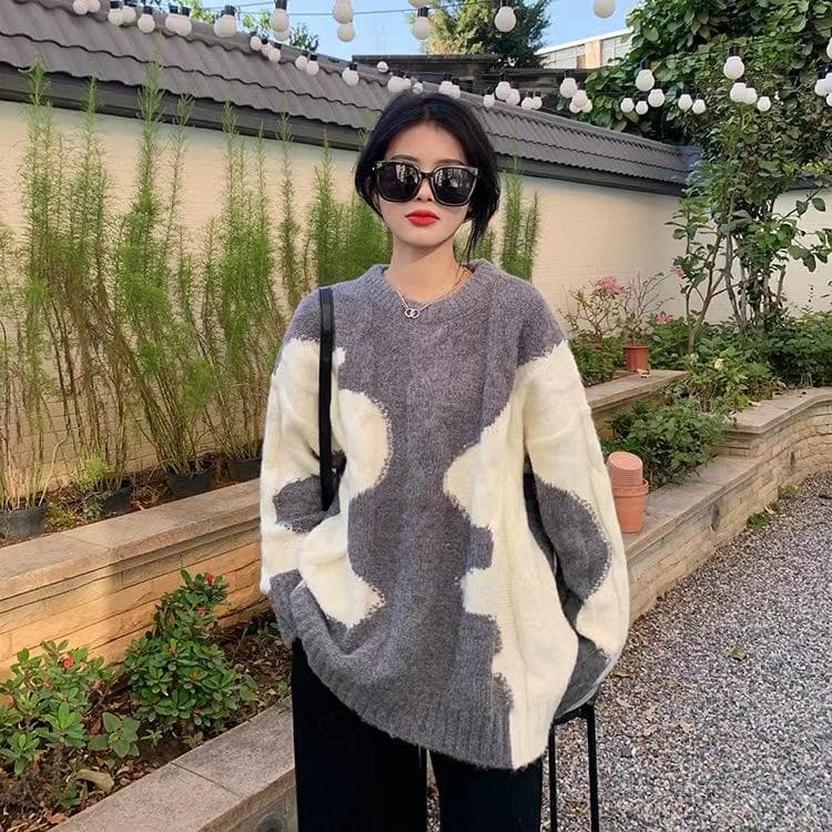 High-end and Super Good-looking Twist Sweater for Women, Autumn and Winter Outer Wear, Lazy Style, Retro Contrasting Graffiti Sweater Top, Trendy One size