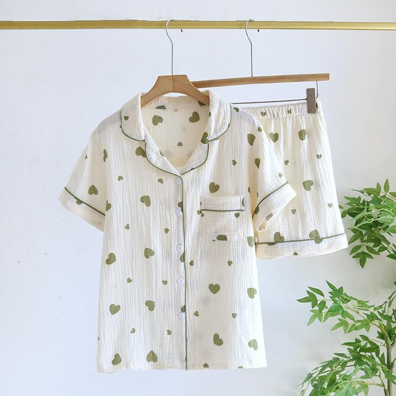 New Summer Women's Pajamas Set 100% Cotton Crepe Short Sleeve Shorts Two Piece Set Love Cute Sweet Home Thin Style Women XL beige